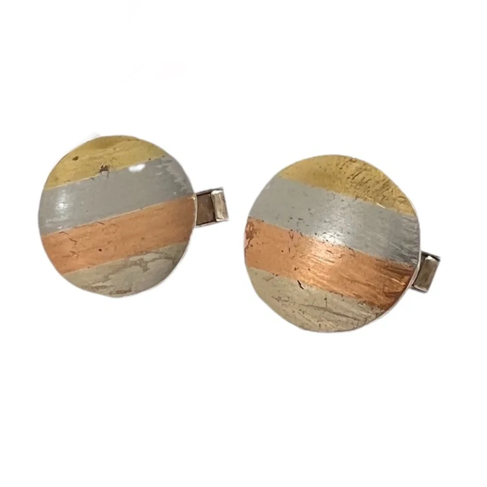 VINTAGE ALPACA MADE IN MEXICO 4 METAL COLOR STRIPE ROUND CUFFLINK